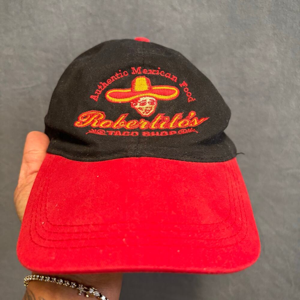 Robertito’s Taco Shop Ponytail Hat Cap Black Red Adjustable OSFM Mexican Fresno